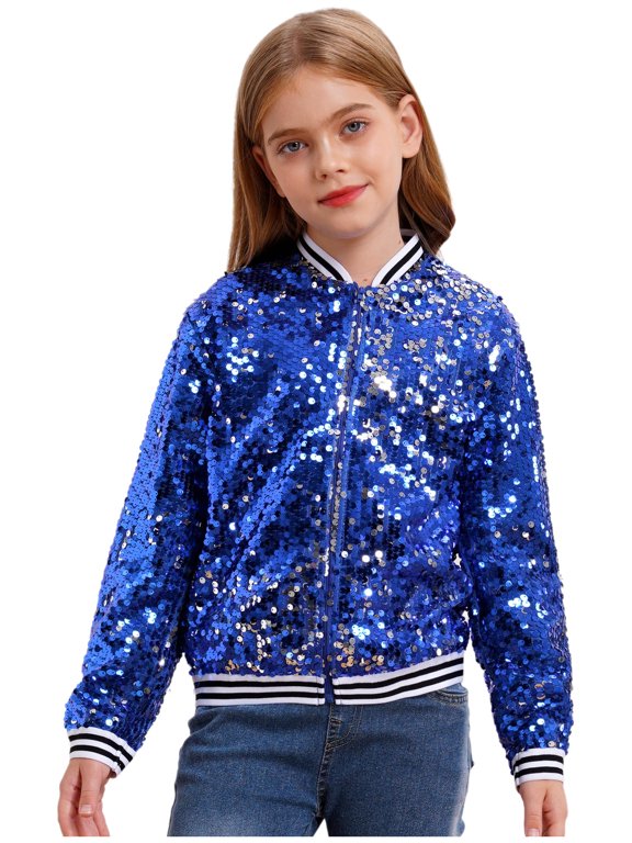 Kids Girls Sequin Bomber Jacket Sparkly Glitter Long Sleeve Baseball Jackets Hip Hop Jazz Dance Royal Blue 6
