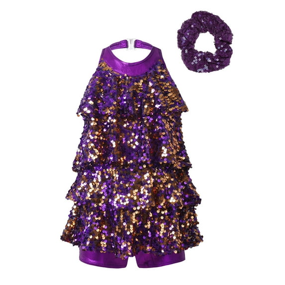 Xnihocha Kids Girls Sequin Modern Jazz Latin Ballet Dance Dress Leotard with Hair Scrunchie Dancewear Purple-A 14