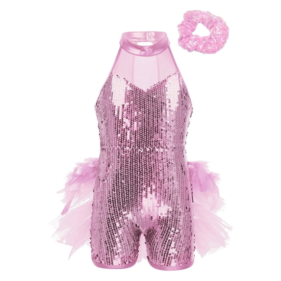 Xnihocha Kids Girls Sequins Ballet Tutu Jazz Latin Dance Leotard Dress with Hair Scrunchie Dancewear Pink 7