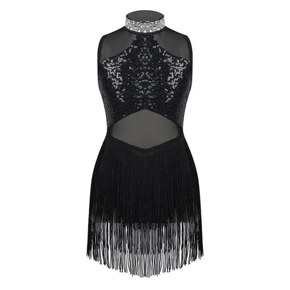 Xnihocha Kids Girls Sequins Jazz Latin Dance Costume Mesh Splice Tassel Dancewear Black 8