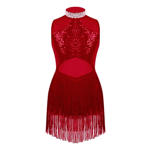Xnihocha Kids Girls Sequins Jazz Latin Dance Costume Mesh Splice Tassel Dancewear Burgundy 14