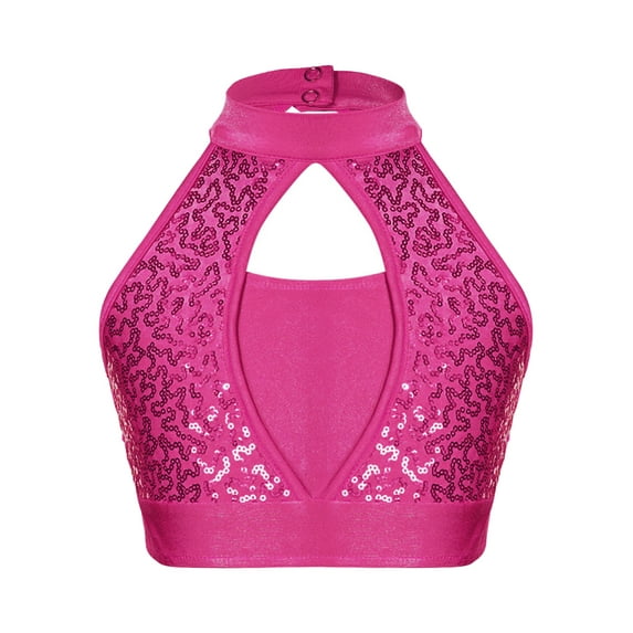 Xnihocha Kids Girls Sequins Latin Jazz Dance Crop Top Sleeveless Halter Tank Top Modern Dancewear Hot Pink 14
