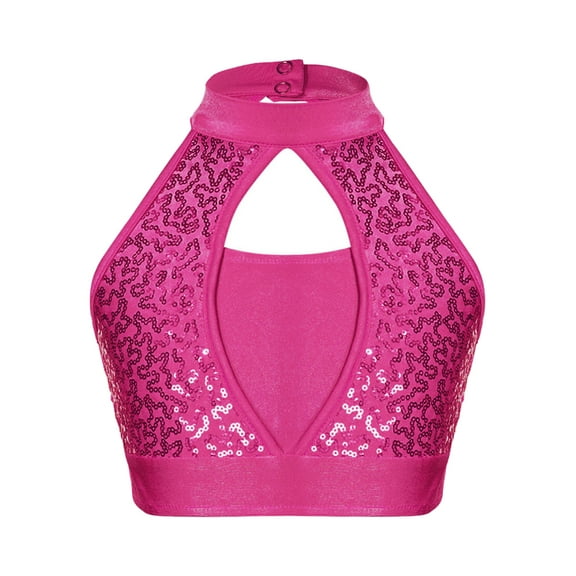 Xnihocha Kids Girls Sequins Latin Jazz Dance Crop Top Sleeveless Halter Tank Top Modern Dancewear Hot Pink 14