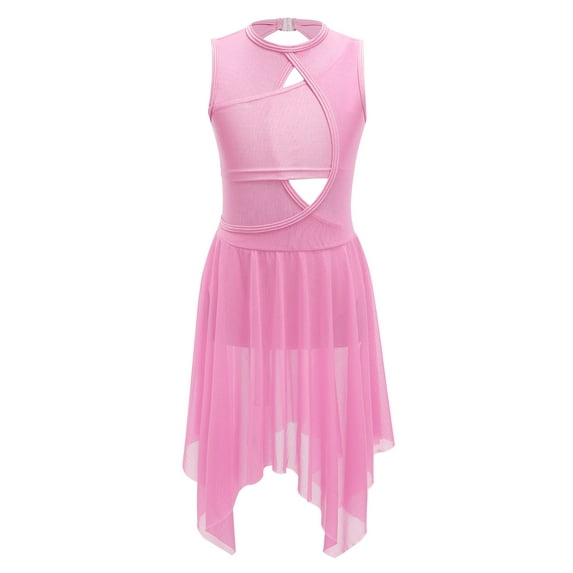 Xnihocha Kids Girls Sleeveless Lyrical Dance Dress Gymnastics Leotard with High-Low Skirt Modern Ballet Dance Costume Pink 16