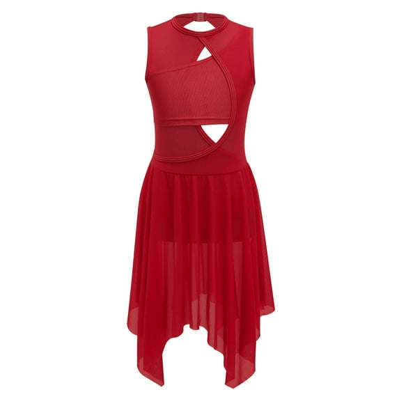 Xnihocha Kids Girls Sleeveless Lyrical Dance Dress Gymnastics Leotard with High-Low Skirt Modern Ballet Dance Costume Red 8