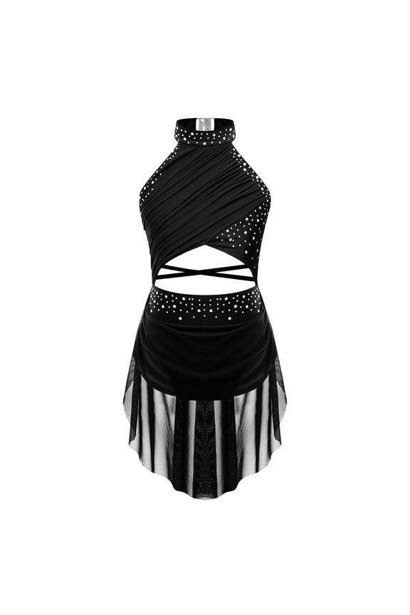 Kids Girls Sleeveless Rhinestone Ballet Dance Leotard Lyrical Dress Performance Dancewear Black 14