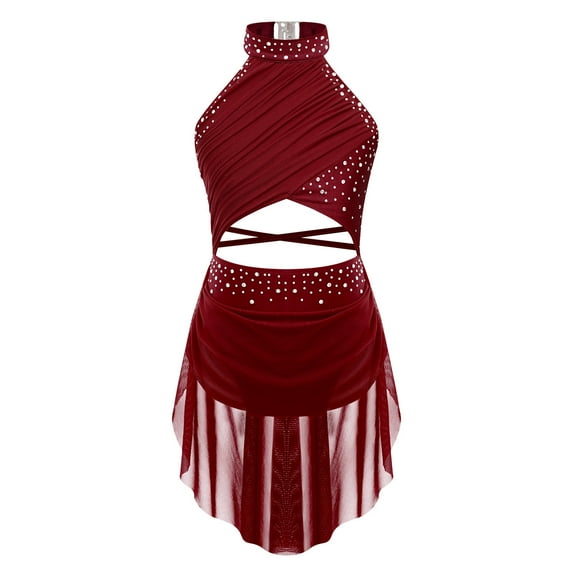 Xnihocha Kids Girls Sleeveless Rhinestone Ballet Dance Leotard Lyrical Dress Performance Dancewear Burgundy 12