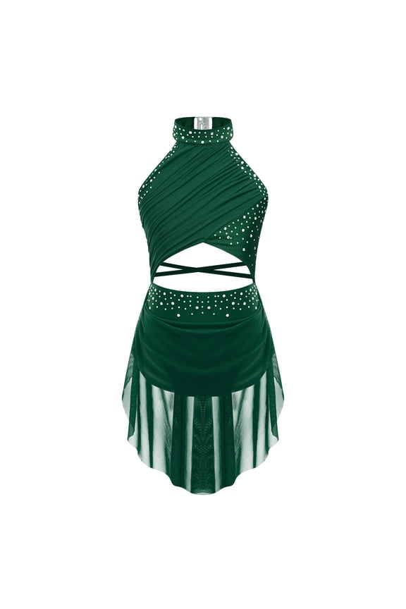 Kids Girls Sleeveless Rhinestone Ballet Dance Leotard Lyrical Dress Performance Dancewear Green 16