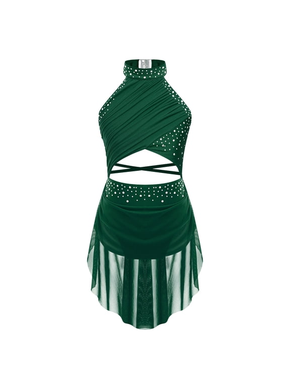 Kids Girls Sleeveless Rhinestone Ballet Dance Leotard Lyrical Dress Performance Dancewear Green 16