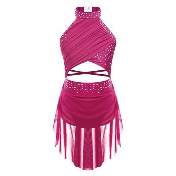 Xnihocha Kids Girls Sleeveless Rhinestone Ballet Dance Leotard Lyrical Dress Performance Dancewear Hot Pink 16