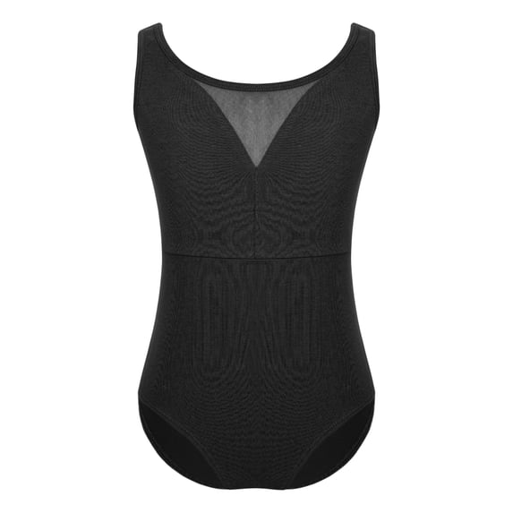 Xnihocha Kids Girls Sleeveless Round Neck Ballet Dance Unitards Sheer Mesh Patchwork V-Back Black 170