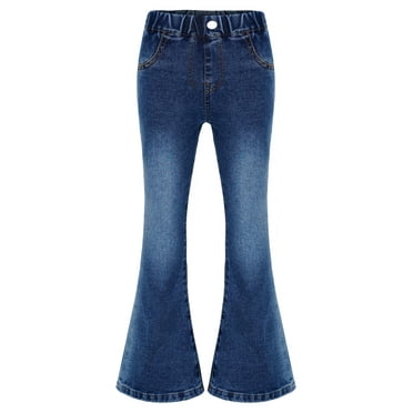 Xnihocha Kids Girls Slim Fit Bell Bottom Denim Pants Elastic Waist Stretch Skinny Ripped Trousers Blue 120