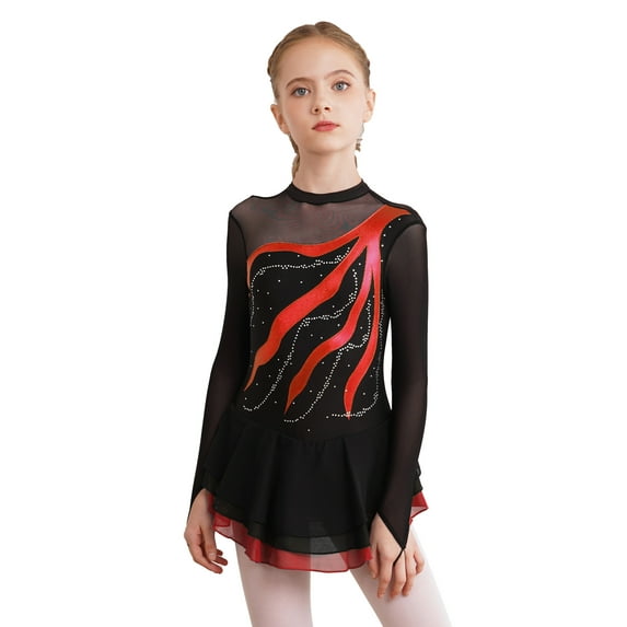 Xnihocha Kids Girls Sparkly Mesh Long Sleeve Figure Ice Skating Dress Illusion Ballet Dancewear Red 14