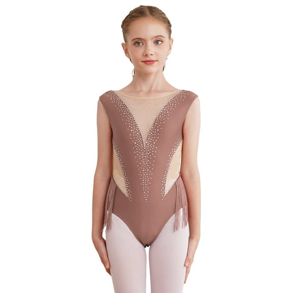 Xnihocha Kids Girls Sparkly Mesh Splice Ballet Dance Rhythmic Gymnastics Tassel Skirted Leotard Coffee 6