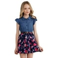 thumbnail image 1 of Xnihocha Kids Girls Summer A-line Dress Denim Bodice Floral Print Dress with Belt 2-12 Navy Blue 12, 1 of 7