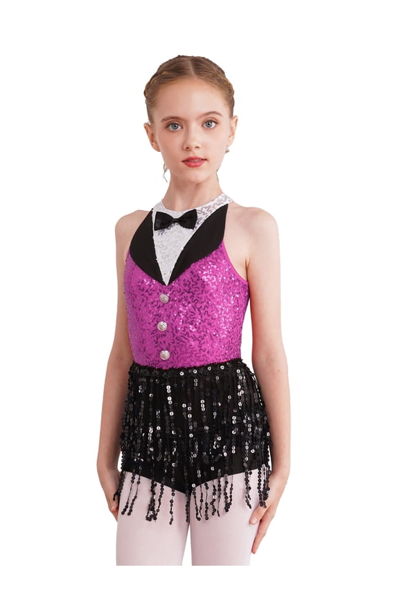 Kids Girls Tango Latin Jazz Dance Leotard Dress Sleeveless Sequins Tassel Hem Ballroom Dress Hot Pink 14
