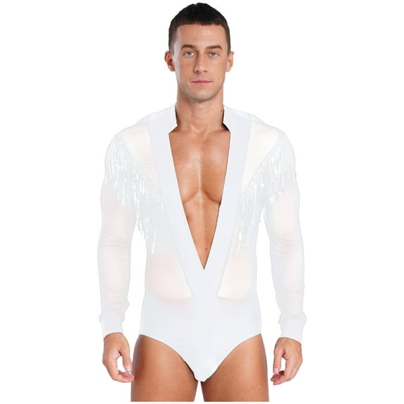 Xnihocha Latin Dance Shirt Bodysuit for Men Deep V Neck Thong Leotard Samba Salsa Tango Dance Top White XL
