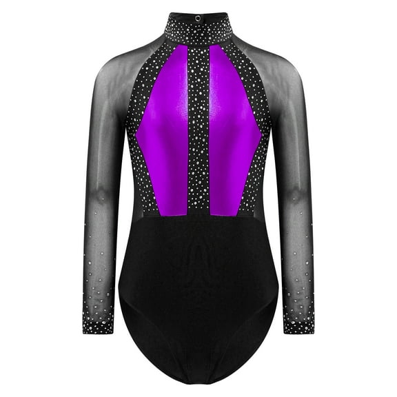 Xnihocha Long Sleeve Leotards for Girls Shiny Metallic Mesh Patchwork Gymnastics Dance Unitard Bodysuit Purple 16