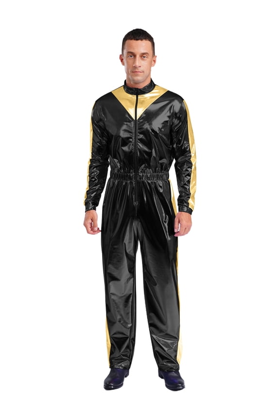 Men’s 70s Disco Jazz Dance Rompers Shiny Metallic Jumpsuit for Party Astronaut Alien uniforms Black M
