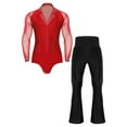 thumbnail image 1 of Xnihocha Men's Cha Cha Latin Ballroom Dance Outfit Long Sleeve Lapel Bodysuit Tops with Bell Bottom Pants Red M, 1 of 7