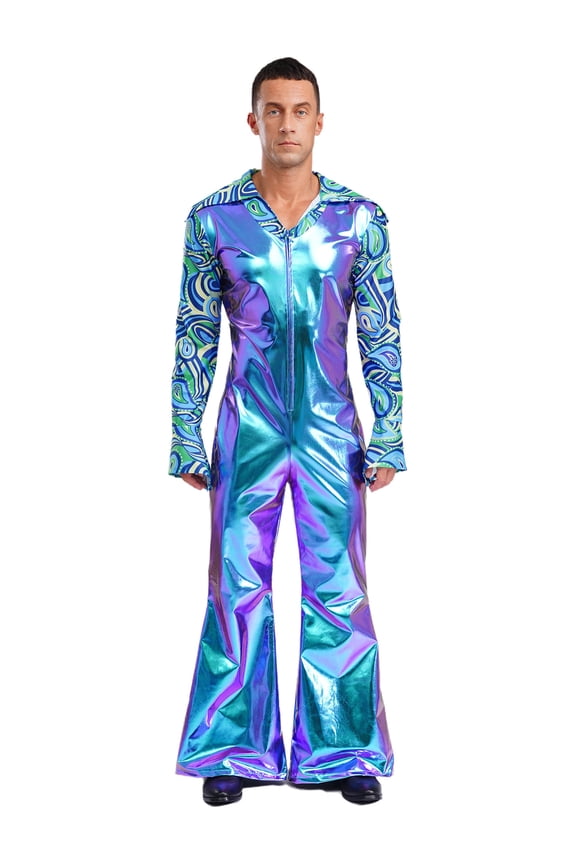 Men's Hippie Rompers 70's Disco Dance Jumpsuit Patchwork Metallic Shiny Bell Bottom Party Raves Blue S