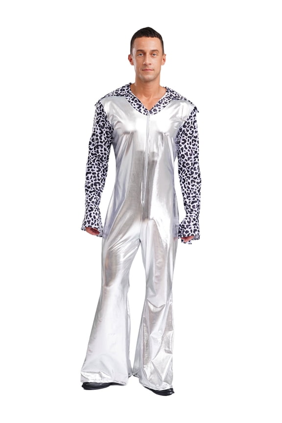 Men's Hippie Rompers 70's Disco Dance Jumpsuit Patchwork Metallic Shiny Bell Bottom Party Raves Silver S