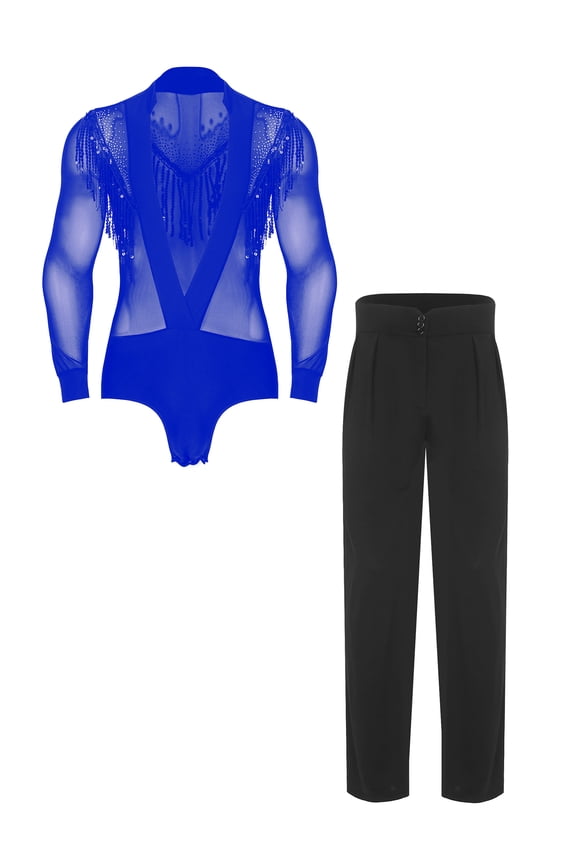 Mens Latin Dance Outfit Deep Vneck Long Sleeve Tassel Bodysuit+Pants Chacha Salsa Jazz Dancewear Blue S