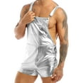 thumbnail image 1 of Xnihocha Mens Shiny Metallic Bib Overalls Suspender Shorts Pants Overalls Rave Party Cosplay Outfits Silver XXL, 1 of 6