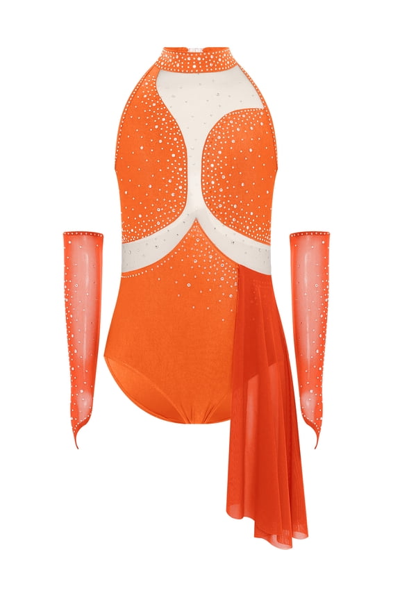 Modern Ballet Dance Dress for Girls Asymmetrical Figure Skating Outfits Latin Jazz Lyrical Orange 10