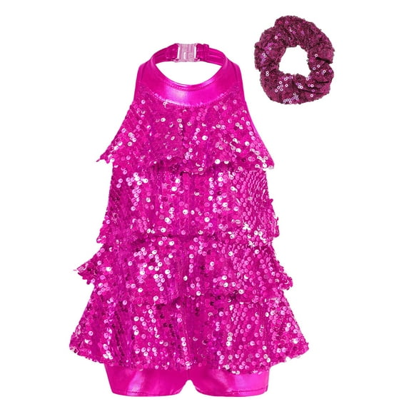 Xnihocha Sequined Ballet Leotards for Girls Sparkly Halter Modern Jazz Latin Dance Costume Dancewear Rose 16