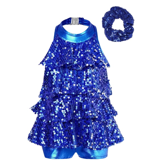 Xnihocha Sequined Ballet Leotards for Girls Sparkly Halter Modern Jazz Latin Dance Costume Dancewear Royal Blue 6