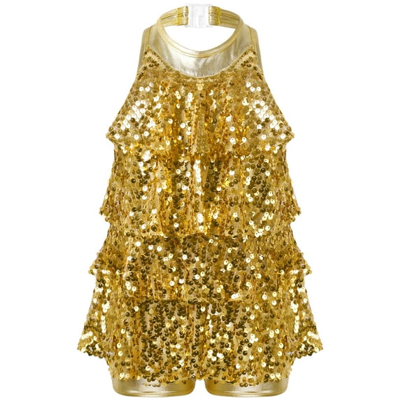 Xnihocha Sequins Halter Neck Ballet Leotard Ruffle Dress for Girls Ballroom Latin Jazz Dance Costume Gold 10