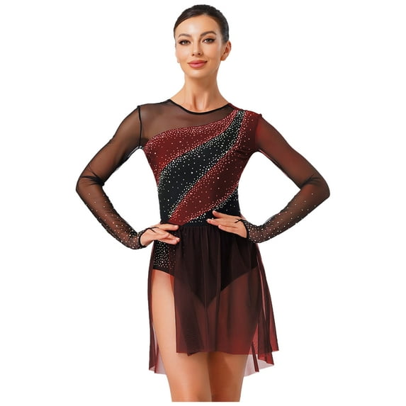 Xnihocha Shiny Ballet Dress For Women Figure Skating Long Sleeve Tutu Skirt Dress Rhythmic Gymnastics Burgundy S