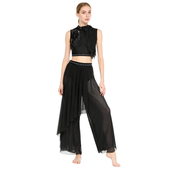 Xnihocha Women 2-Piece Lyrical Dance Outfit Mesh Top+Wide Leg Pants Set Modern Classical Dance Performance Black XL