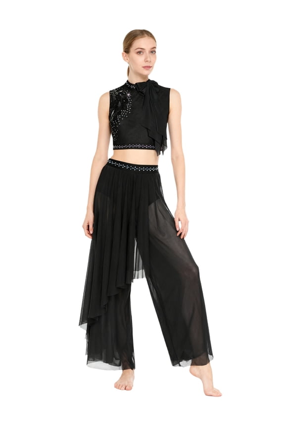 Women 2-Piece Lyrical Dance Outfit Mesh Top+Wide Leg Pants Set Modern Classical Dance Performance Black XXL