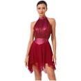 thumbnail image 1 of Xnihocha Women Contemporary Lyrical Dance Dress Halter Neck Sequins Leotard Mesh Tulle Dress Dancewear Burgundy XL, 1 of 5