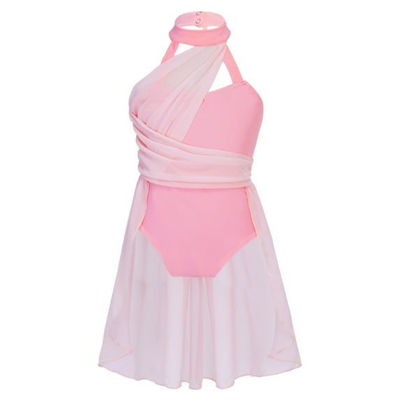 Xnihocha Women Girls Chiffon Lyrical Dance Dress Sleeveless Cutout Ballet Leotard with Wrap Skirt Pink 6