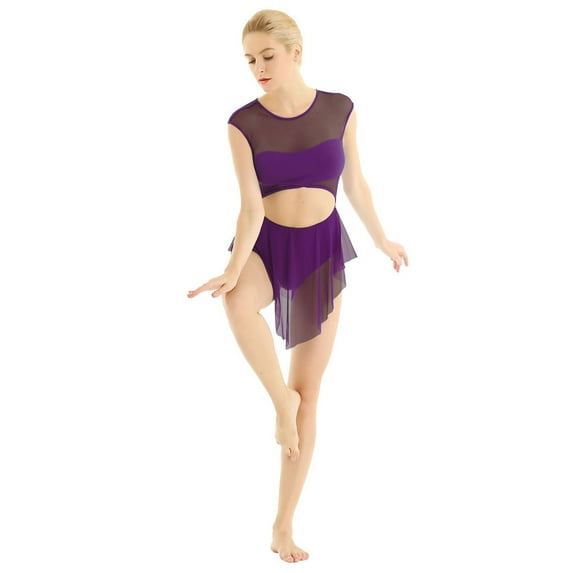 Xnihocha Women Girls Sheer Mesh Ballet Leotard Modern Lyrical Dance Costume Performance Dancewear Dark_Purple Medium