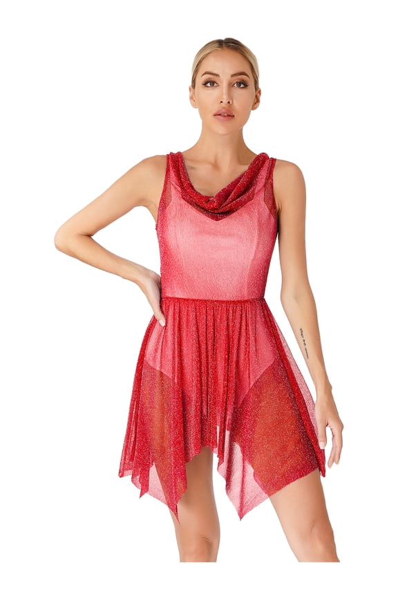 Women Glittery Asymmetrical Praise Dance Tunic Worship Overlay Lyrical Dance Dress Robe Burgundy XXL
