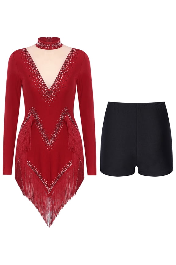 Women Latin Jazz Dance Performance Outfit Long Sleeve Shiny Tassel Hem Leotard Dress+Shorts Burgundy S