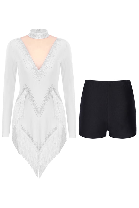 Women Latin Jazz Dance Performance Outfit Long Sleeve Shiny Tassel Hem Leotard Dress+Shorts White S