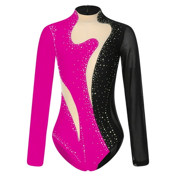 Xnihocha Women Rhinestone Ballet Gymnastic Dance Leotard Bodysuit Long Sleeve Figure Skating Costume Black&Rose M