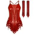 thumbnail image 1 of Xnihocha Women Sleeveless Fringe Latin Dance Leotard with Sequin Long Gloves Cha Cha Salsa Dancewear Red XXL, 1 of 5