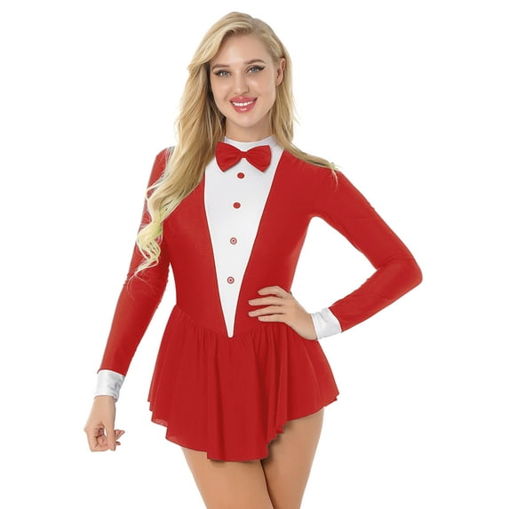 Xnihocha Women Tuxedo Bodysuit Leotard Long Sleeve Figure Skating Dress Role Play Dance Performance Red XXL