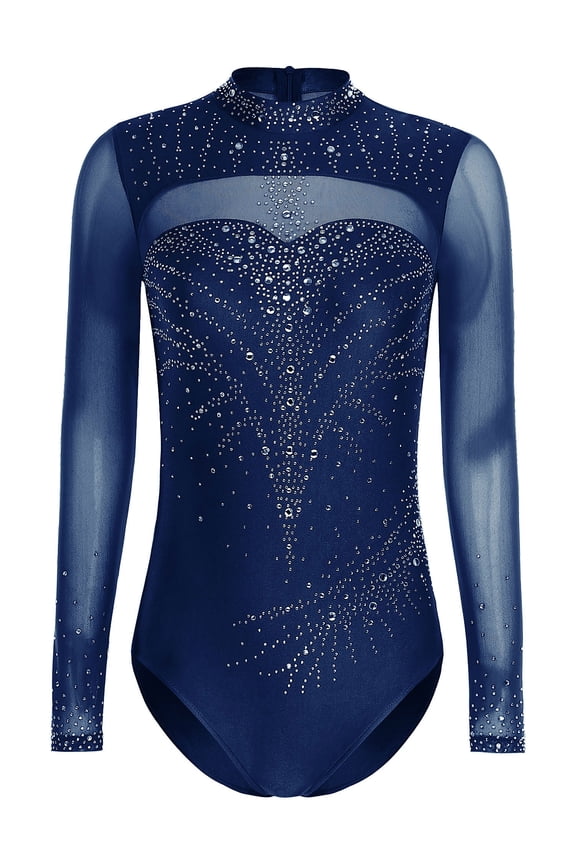 Women's Figure Skating Jumpsuit Long Sleeve Tank Unitards Gymnastic Ballet Dance Leotard Bodysuit Navy Blue L