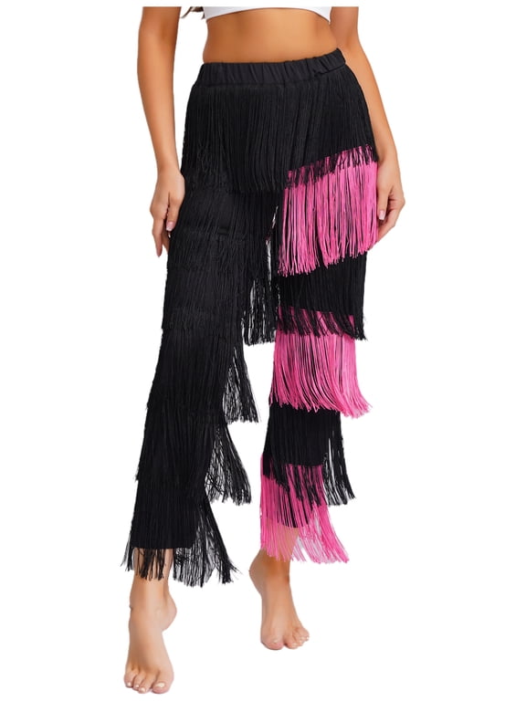 Women's Fringe Cha-cha Tango Salsa Ballroom Latin Dance Pants Elastic Waist Tassel Pants Black&Pink M