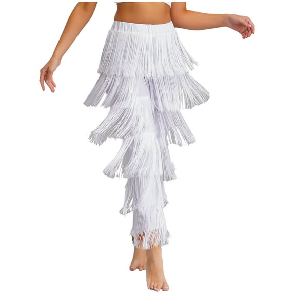 Xnihocha Women's Fringe Cha-cha Tango Salsa Ballroom Latin Dance Pants Elastic Waist Tassel Pants White XXL