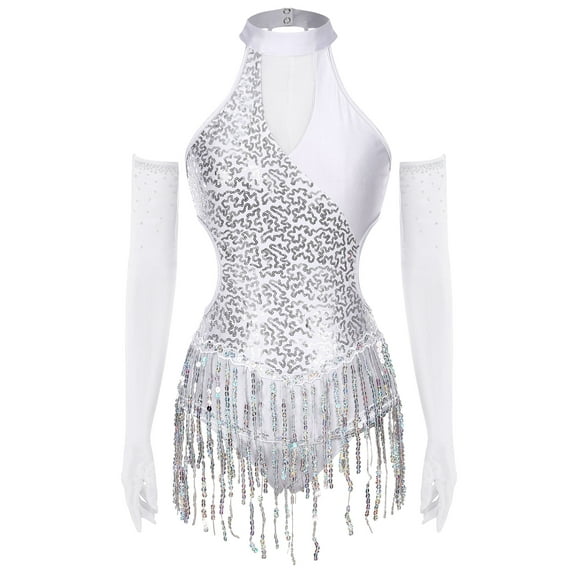 Xnihocha Women's Jazz Latin Dance Leotard Dress Sleeveless Hollow Out Sequin Bodysuit with Mesh Gloves Silver S