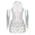 thumbnail image 1 of Xnihocha Women's Latin Dance Outfit Glittery Leotard with Metallic Tassel Gloves Tango Dancewear White S, 1 of 7