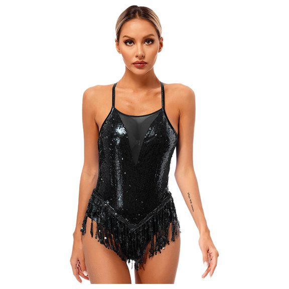 Xnihocha Women's Latin Jazz Dance Leotard Dress Sparkling Sequin Dance Performance Bodysuit+Hat+Gloves A Black XXL